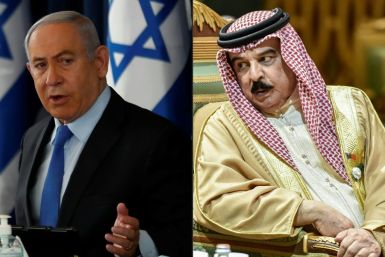 This combination of pictures shows  Israeli Prime Minister Benjamin Netanyahu (L) chairing a cabinet meeting in Jerusalem in June 2020 and Bahrain's King Hamad bin Isa Al Khalifa (R)at the a Gulf Cooperation Council summit in Riyadh in December 2019