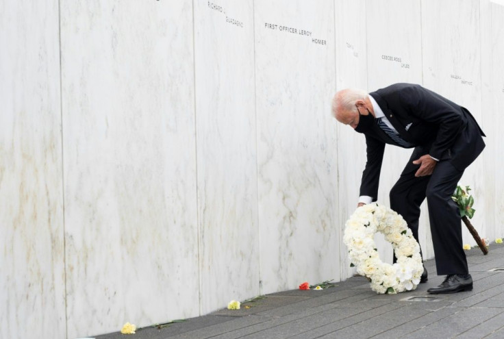 Democratic Presidential Candidate Joe Biden lays a wreath at the Shanksville Flight 93 Memorial on September 11, 2020, as the US commemorates the 19th anniversary of the 9/11 attacks
