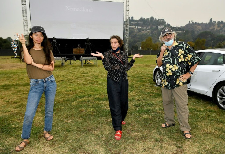 The US premiere of "Nomadland" was greeted by raucous honking horns and flashing headlights at a drive-in screening in Pasadena, on the outskirts of Los Angeles