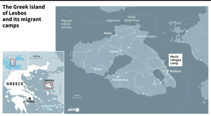 Map of the island of Lesbos locating Moria, the main refugee camp in Greece, destroyed by a fire, and the other refugee centres