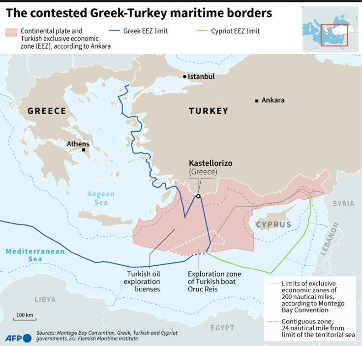 Map of eastern Mediterranean with the maritime borders claimed by Turkey, Greek and Cyprus