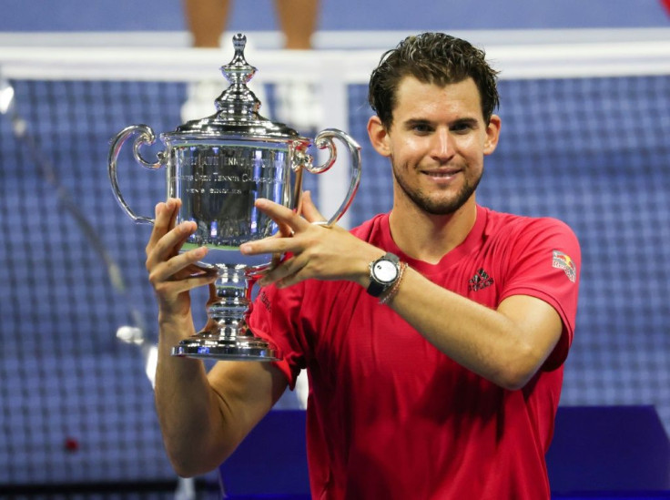 Dominic Thiem of Austria celebrates with the 2020 US Open trophy