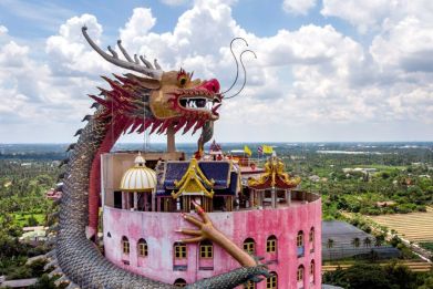 In Nakhon Pathom, about an hour east from downtown Bangkok, the dragon tower inside Sam Phran temple came from the dreams of its former abbot