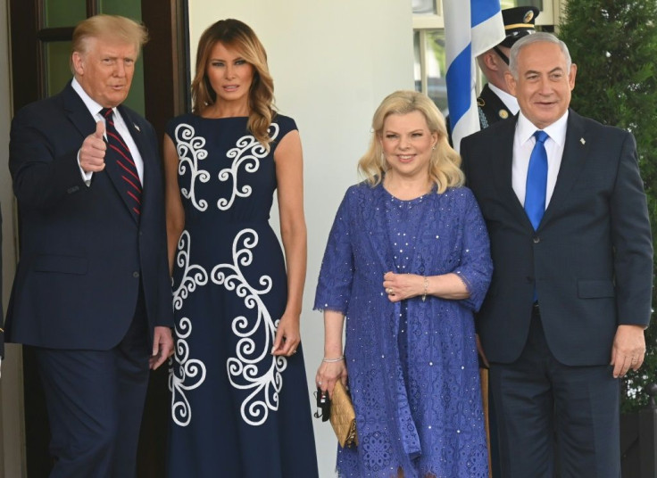 US President Donald Trump and First Lady Melania Trump welcome Israeli Prime Minister Benjamin Netanyahu and his wife Sara to the White House on September 15, 2020