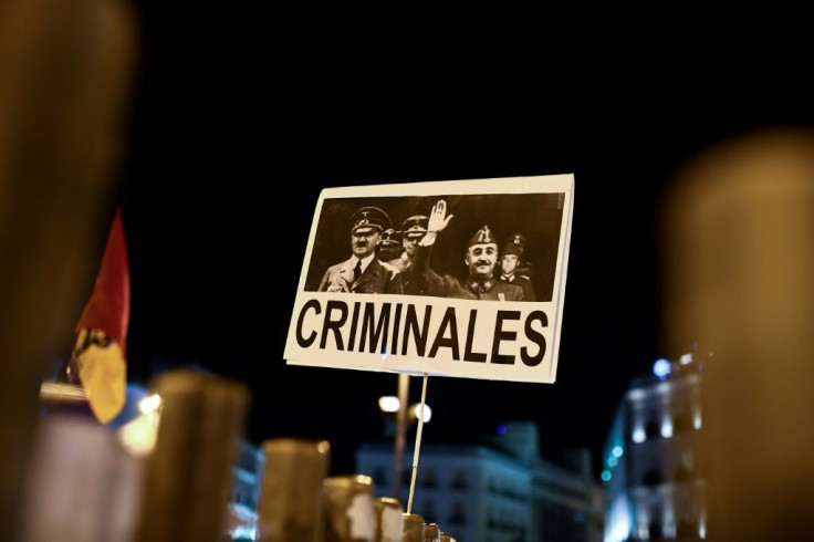 A placard depicting German leader of the Nazi party Adolf Hitler and Spanish dictator Francisco brandished in Madrid last year during a protest after Franco's remains were moved from a grandiose state mausoleum to more discreet grave