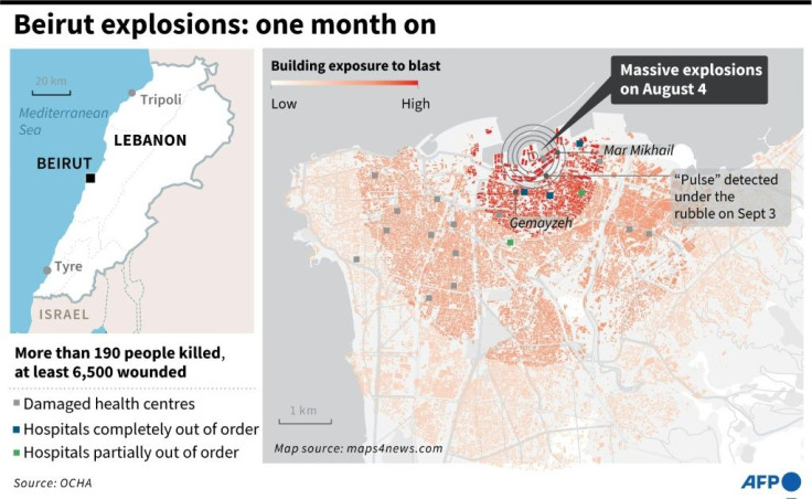 Graphic showing buildings exposed to the blast by the August 4 explosions in Beirut.
