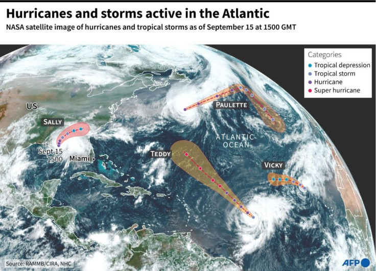 NASA satellite image of hurricanes, Sally and Teddy, and tropical storms, Paulette and Vicky, as of September 15 at 1500 GMT with forecast trajectories by the US National Hurricane Centre.