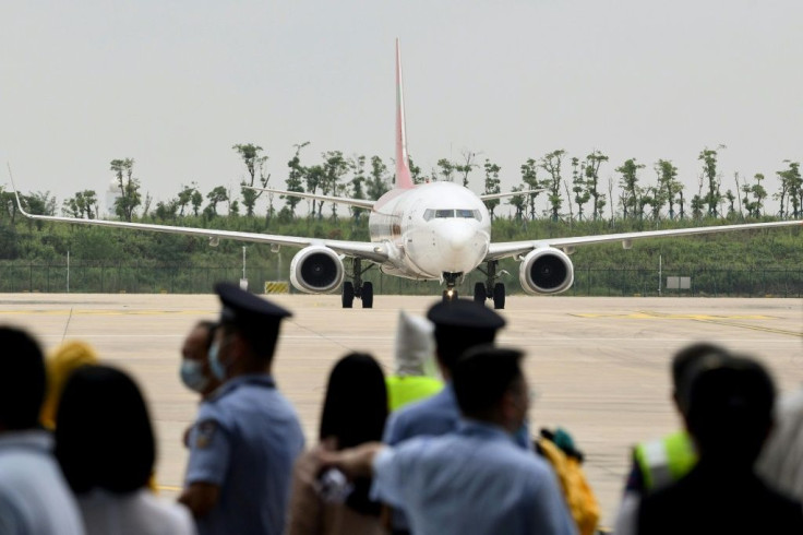 A South Korean T'way airlines Boeing 737-800  after landing at Wuhan's Tianhe International Airport