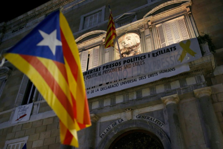 Quim Torra was ordered to take down the offending banner, seen here, on grounds it violated institutional neutrality ahead of a general election