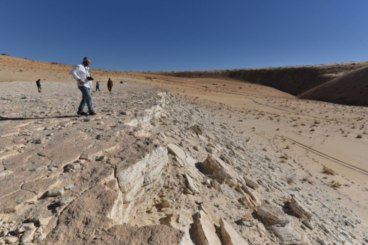 This undated handout photo obtained September 16, 2020 shows a view of the edge of the Alathar ancient lake deposit and surrounding landscape