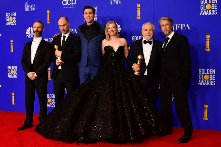 The cast of HBO drama "Succession" are seen here at the Golden Globes in January 2020, when the show took home honors for best drama and another for best lead drama actor for Brian Cox (2nd from right) -- they are hoping to do the same at the Emmys