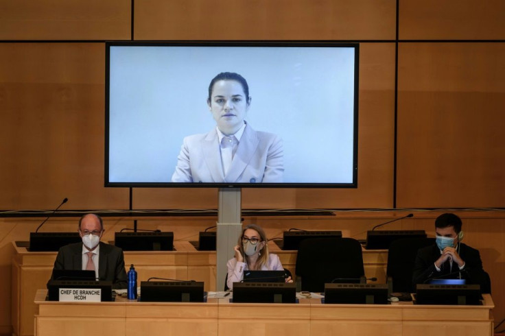 Belarus opposition leader Svetlana Tikhanovskaya speaks via video message to an urgent debate of the UN Human Rights Council