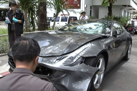 Red Bull heir Vorayuth 'Boss' Yoovidhya will be prosecuted for reckless driving over a fatal hit-and-run after crashing his Ferrari (pictured being inspected by police in 2012)