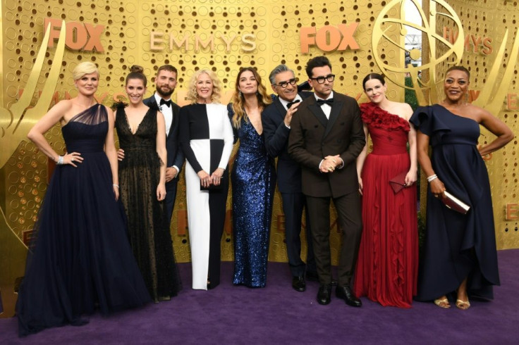 The cast of "Schitt's Creek" -- seen here at the 2019 Emmys -- are hoping to strike gold this year after the comedy's final season