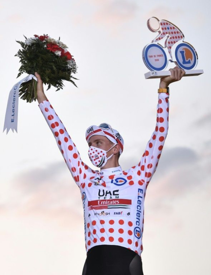 Pogacar with the polka dot jersey he won on Saturday