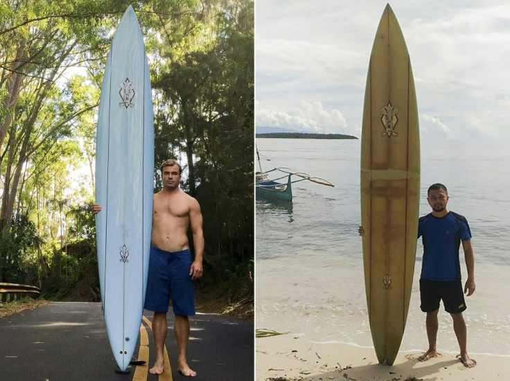 When Doug Falter (L) lost his board in a wipeout in Hawaii two years ago,  he never imagined it would be found in the remote island of Sarangani in the southern Philippines, where it is now owned by local primary school teacher Giovanne Branzuela (R)