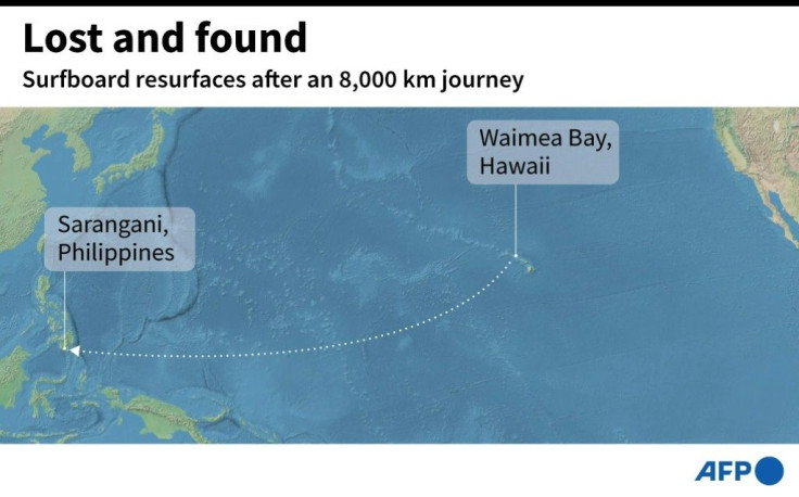 Map showing how a surfboard from Hawaii ended up in the Philippines.