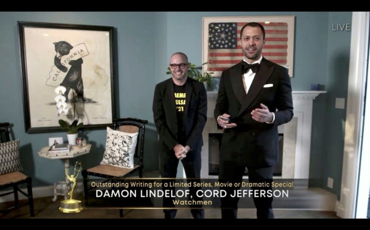 "Watchmen" creator Damon Lindelof (L) sported a tee-shirt that read "Remember Tulsa '21" -- a reference to a racial massacre in the Oklahoma city of Tulsa that left up to 300 black people dead in 1921, which figures in the show