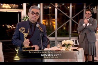 "Schitt's Creek" star Daniel Levy (R), seen with his father and co-star Eugene Levy, wore a chic Thom Browne suit with a kilt -- both were winners