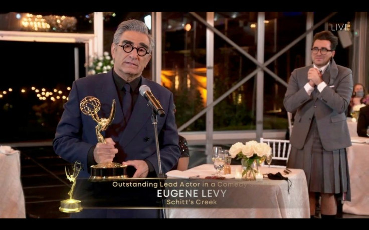 "Schitt's Creek" star Daniel Levy (R), seen with his father and co-star Eugene Levy, wore a chic Thom Browne suit with a kilt -- both were winners