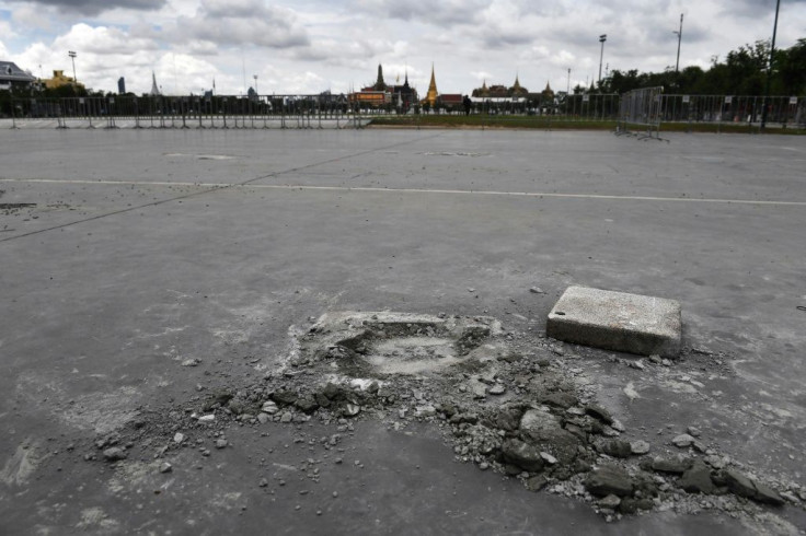 A plaque installed on the weekend by pro-democracy activists in Bangkok's historic Sanam Luang field had been removed by Monday