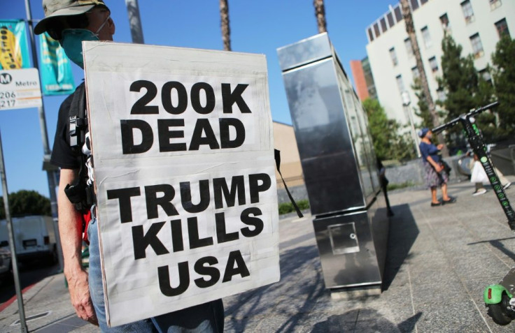 A protester at a march in Los Angeles against President Donald Trump's handling of the pandemic