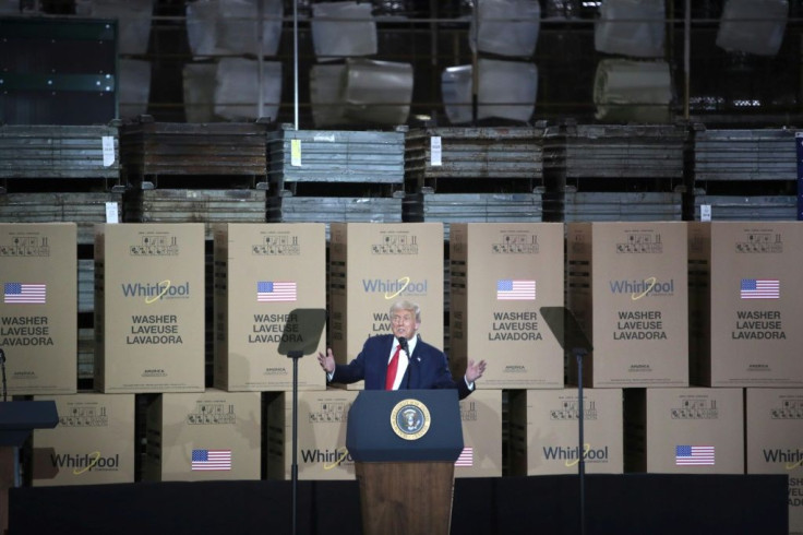 US President Donald Trump speaks to factory workers in Ohio in August 2020 as he promotes himself as good for industry