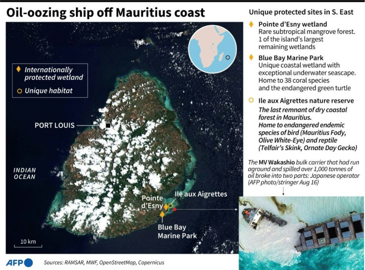 A map of Mauritius locating unique protected wildlife sites threatened by a fuel spill from a stricken cargo vessel