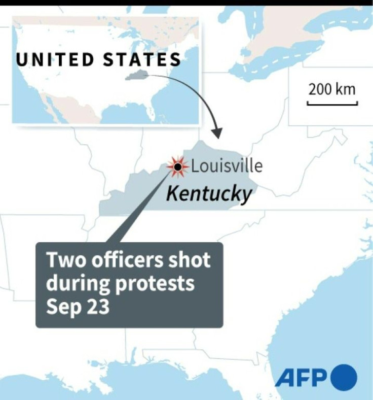 Map of the United States locating Louisville, Kentucky, where two officers were shot during protests on Wednesday.
