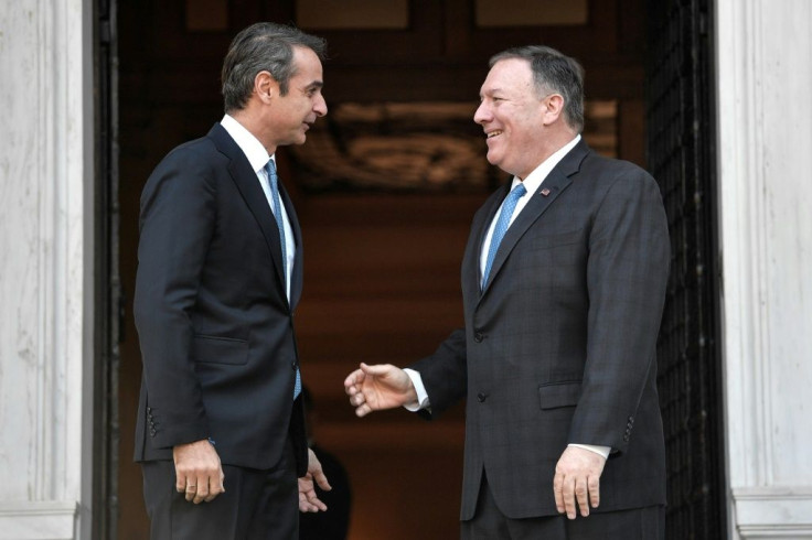 Greek Prime Minister Kyriakos Mitsotakis (left) welcomes US Secretary of State Mike Pompeo during his visit to Athens in October 2019