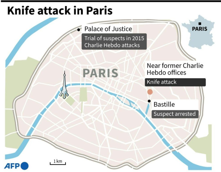Map of Paris locating knife attack near former offices of satirical magazine Charlie Hebdo and other related locations