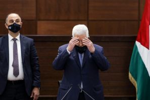 Palestinian president Mahmud Abbas, reciting a prayer while wearing a face mask in Ramallah on September 3, 2020, has appealed for an international conference on the Middle East