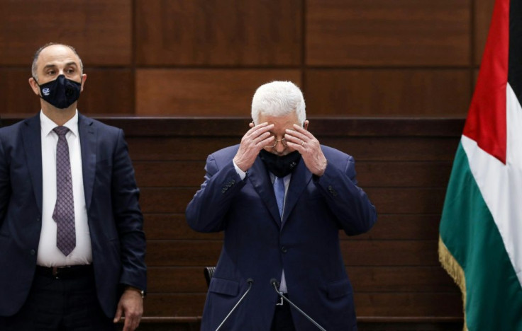 Palestinian president Mahmud Abbas, reciting a prayer while wearing a face mask in Ramallah on September 3, 2020, has appealed for an international conference on the Middle East