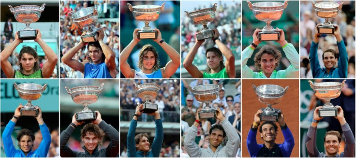 Glorious twelve: Rafael Nadal with the French Open trophy after all of his 12 title wins