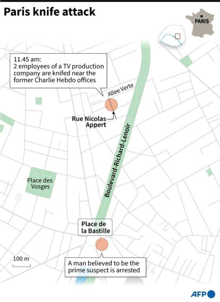 Close-up map locating a knife attack in Paris and the area when a suspect was arrested