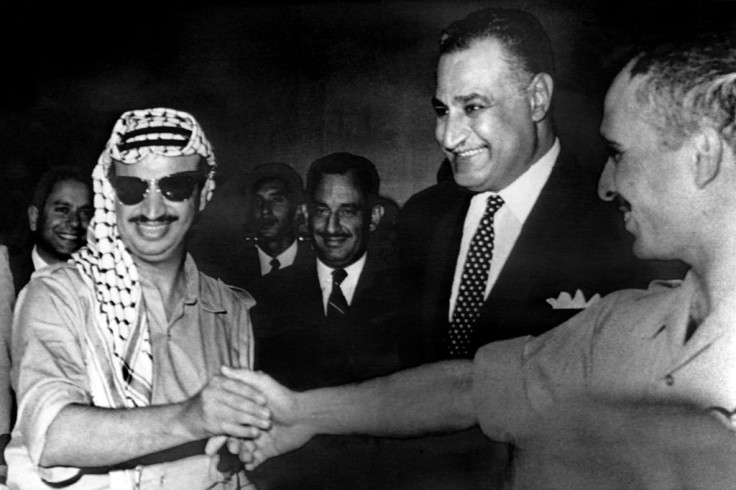 Nasser was feted as a bulwark against Israel, and is seen in this September 1970 picture flanked by Palestinian chief Yasser Arafat (L) and Jordan's King Hussein (R)