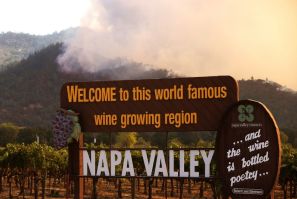 Wildfire rips through the world-famous Napa Valley, with smoke rising from the fast-moving Glass Fire on hills on September 27, 2020 in Calistoga, California