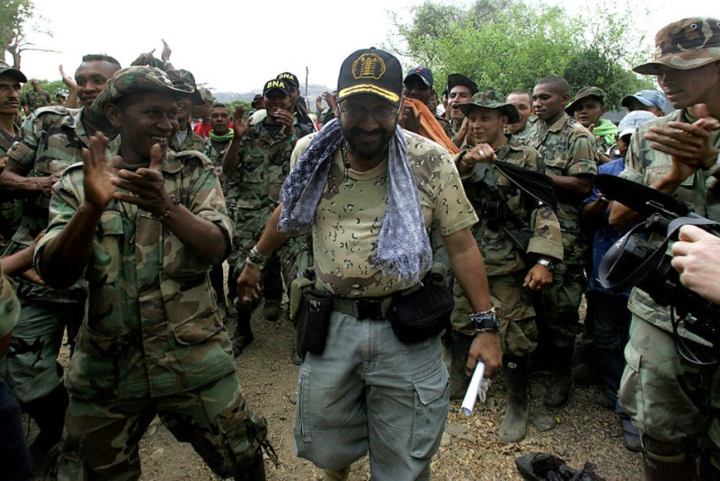 Rodrigo Tovar (C), pictured with his paramilitaries in March 2006 in the Colombian department of Cesar