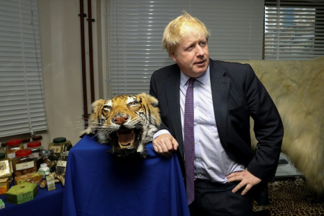 Britain's then foreign secretary Boris Johnson with a seized tiger skin rug in London in 2018