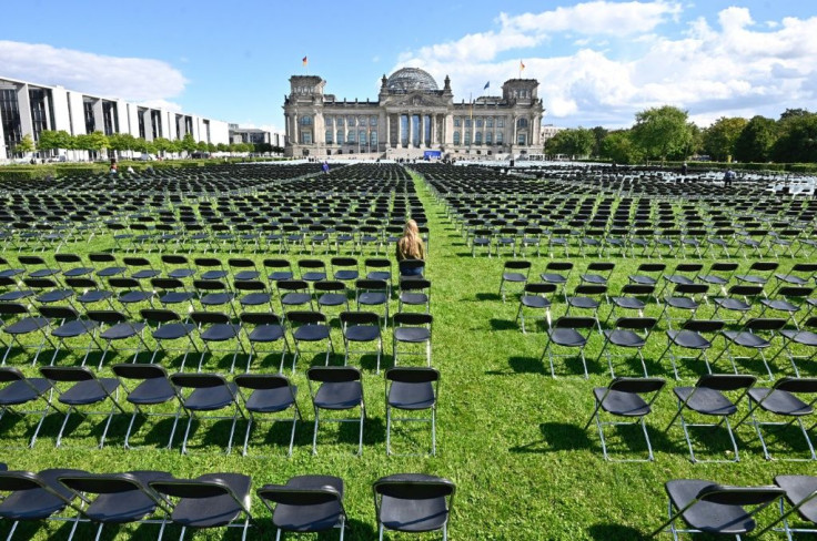 Some 13,000 chairs are placed in front of the Reichstag parliament buliding in Berlin on September 7, 2020 to call for the evacuation of the Moria refugee camp on the Greek island of Lesbos