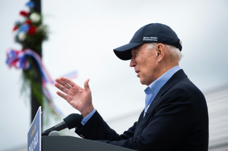 Democratic presidential candidate Joe Biden wearing a baseball cap with the logo of his late son Beau's foundation to help protect children from abuse