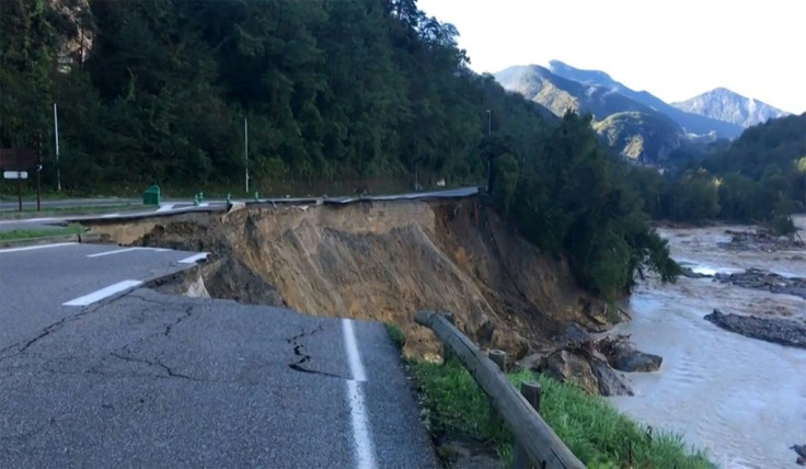 The downpour swept away several roads including this one at Bollene-Vesubie, a valley in Nice's hinterland,  causing havoc across southern France and northern Italy