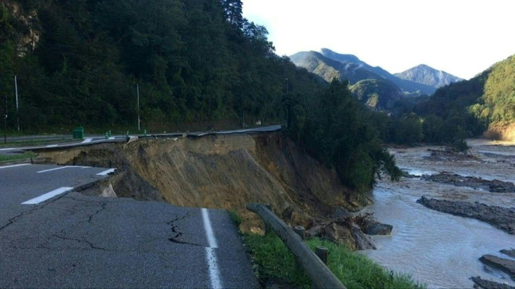 A stretch of road collapsed in the southern French village of La BollÃ¨ne-VÃ©subie, following heavy rains and flash floods that left villages cut off