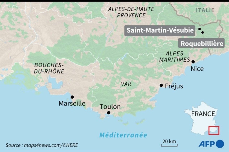 Map showing southern France, and the border area with Italy -- several villages were cut off in both countries as rescuers searched for some 20 missing