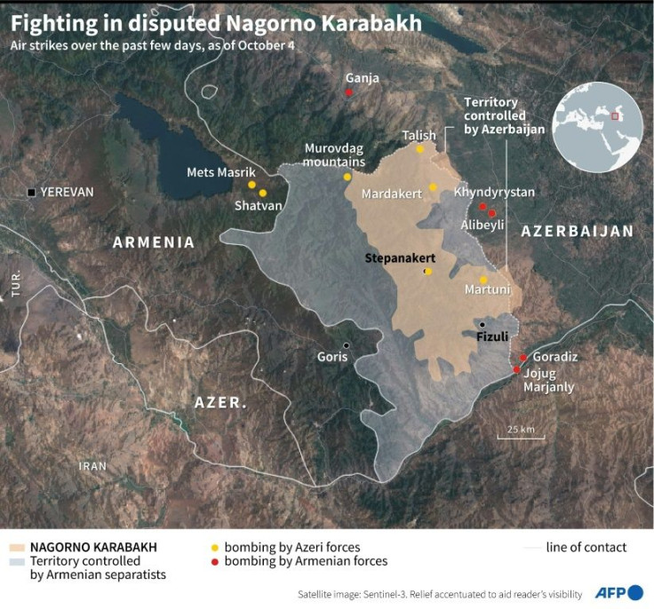 A map of Nagorno Karabakh, Armenia and Azerbaijan, locating bombings by both sides in recent days