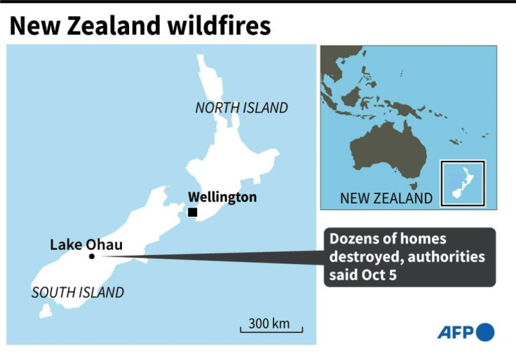Map of New Zealand locating the village of Lake Ohau where wildfires have destroyed dozens of homes, according to authorities on Monday.