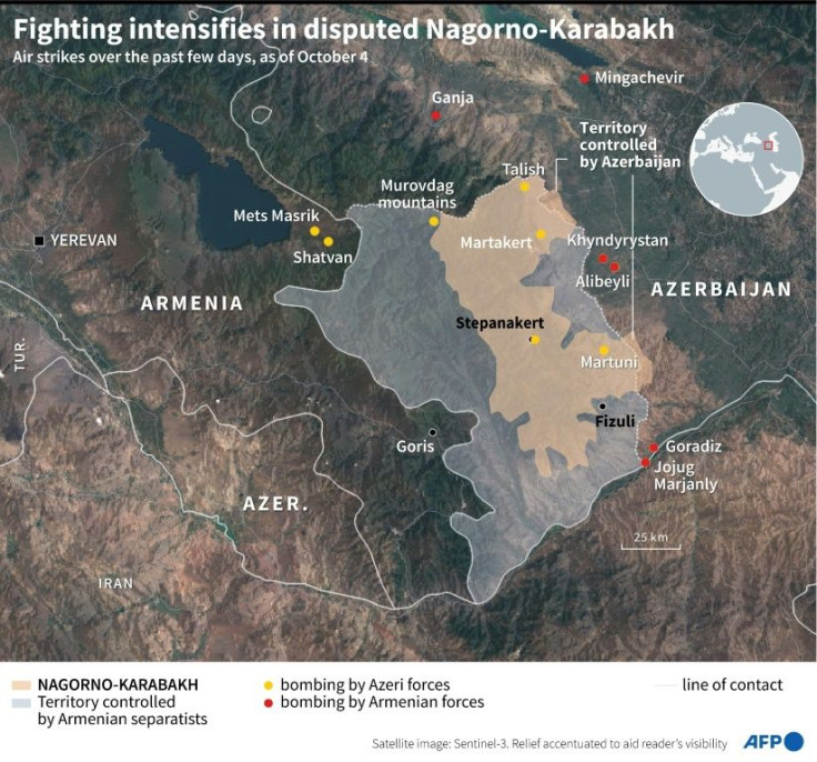 Satellite map of Nagorno-Karabakh, Armenia and Azerbaijan, locating bombings by both sides in recent days, as of October 4.