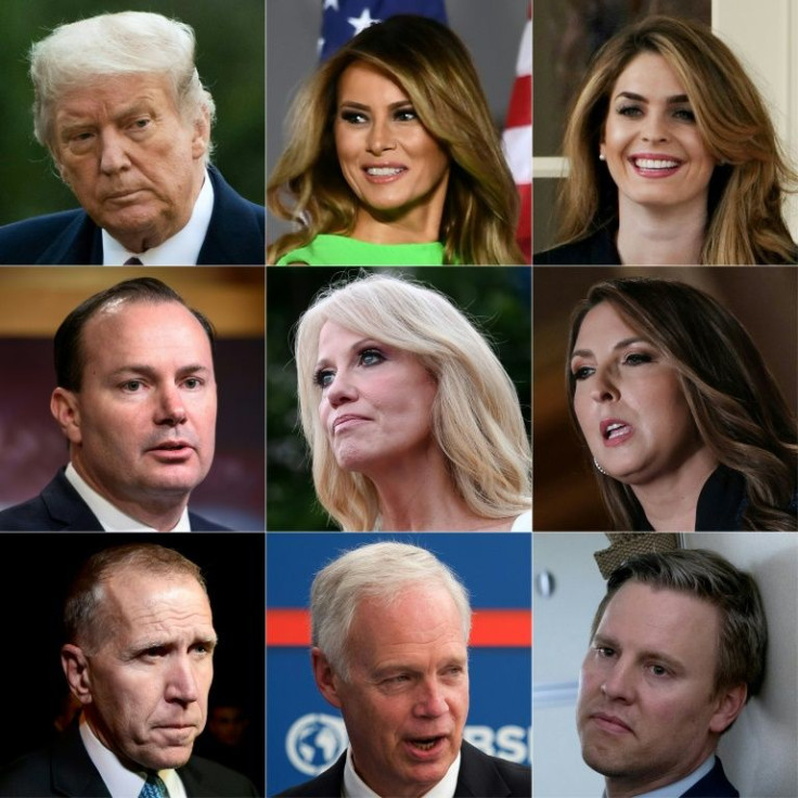 This combination of file pictures shows (L-R, top to bottom) US President Donald Trump; US First Lady Melania Trump; White House aide Hope Hicks; US Senator Mike Lee, Republican of Utah; former White House counselor Kellyanne Conway; Republican National C