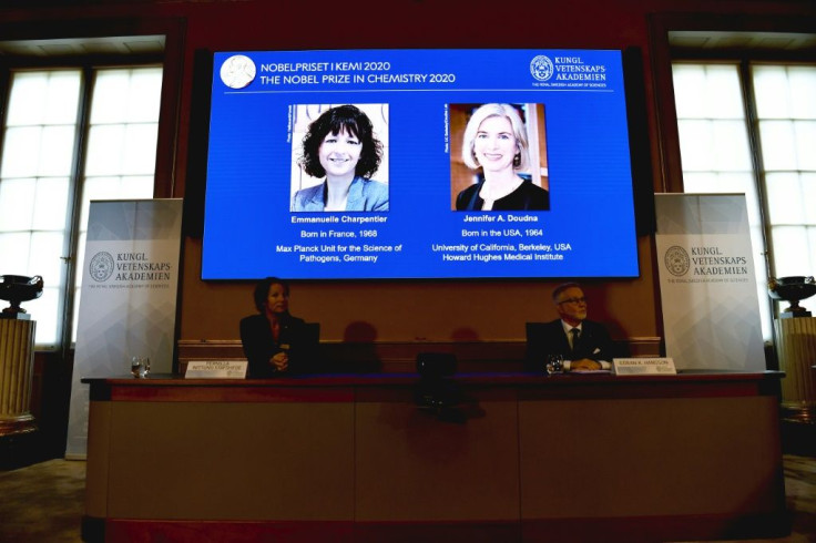 Nobel Chemistry prize winners Emmanuelle Charpentier (L) and Jennifer Doudna of the United States