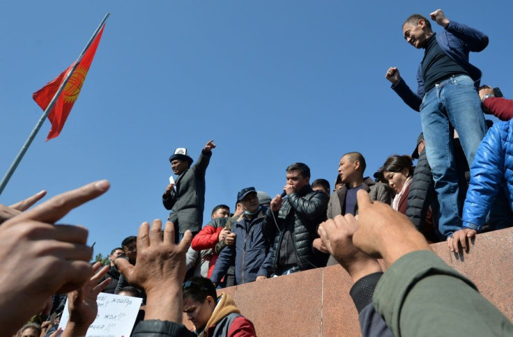 People rally to demand the impeachment of Kyrgyz President Sooronbay Jeenbekov at Bishkek's Ala-Too square on October 7, 2020